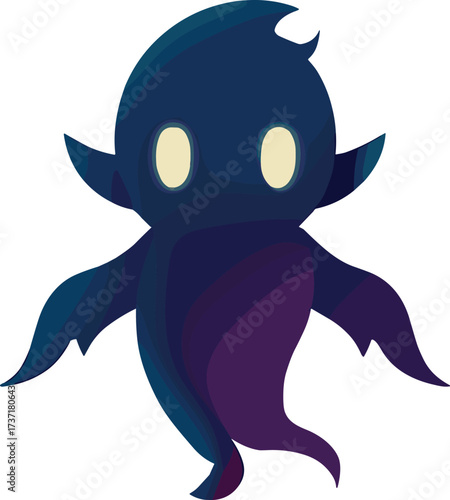Abstract ghost character with glowing eyes, dark blue and purple spirit design, tentacle-like body, ethereal cartoon mascot, fantasy vector illustration for digital use