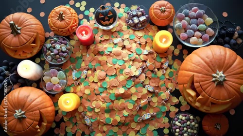 Top-down view of a festive Halloween table with small pumpkins, bowls of candy, and colorful confetti falling in slow motion. Flat lay holiday concept.