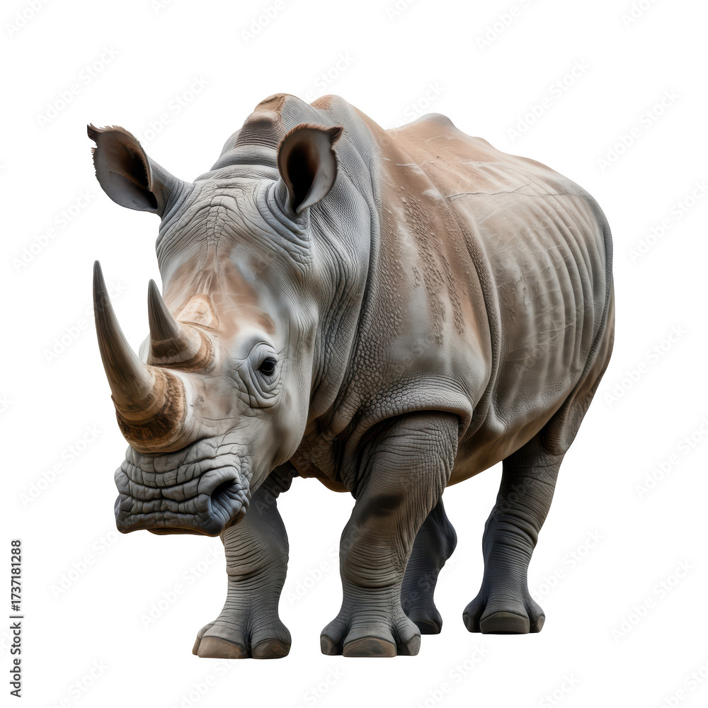 Fototapeta premium Realistic white rhinoceros standing facing forward with detailed skin texture isolated on a transparent background