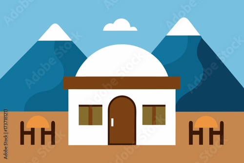 Simple flat illustration of a white building with a dome and outdoor seating