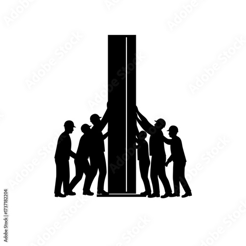Silhouette of construction workers carefully lifting and positioning a large, heavy pillar against a white background, teamwork.