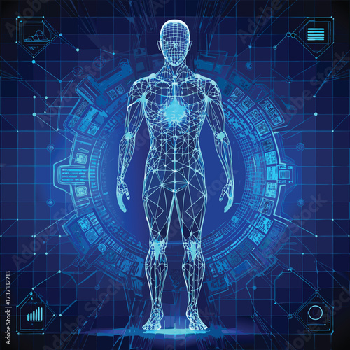 AI Biometric Human Body Hologram on Futuristic HUD Background