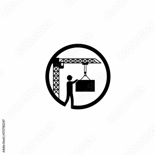 A construction worker operates a crane, lifting a heavy load within a circular frame, representing industrial progress and building.