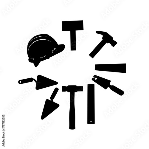 A collection of construction tools, including a hard hat, hammers, trowels, and a saw, arranged in a circular pattern on a white background.