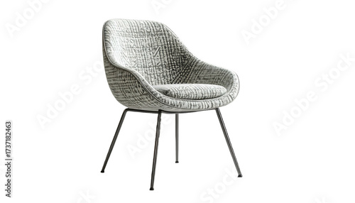 Modern chair featuring a rounded back and cushioned seat with patterned textile cover, the chair has a minimalist design, supported by thin metal legs and set against a dark, solid background,...