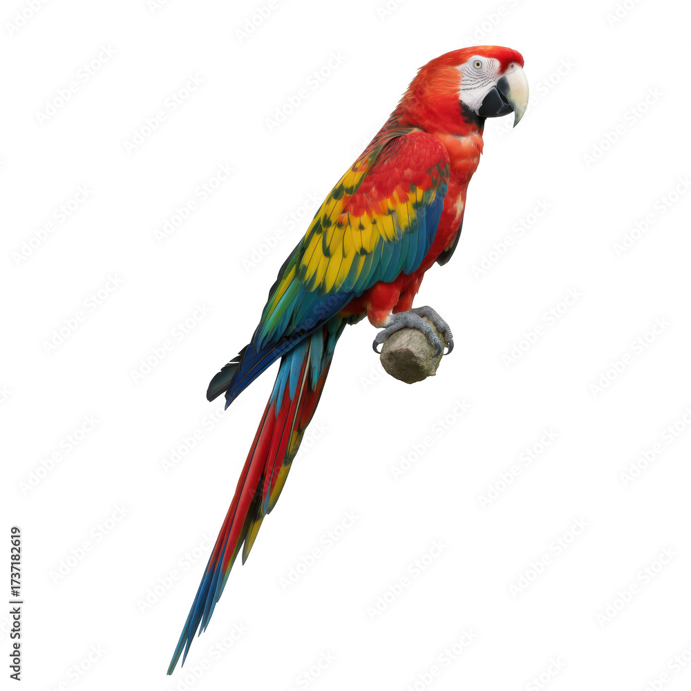 Fototapeta premium Scarlet macaw parrot with vibrant red yellow and blue plumage perched on branch isolated on a transparent background