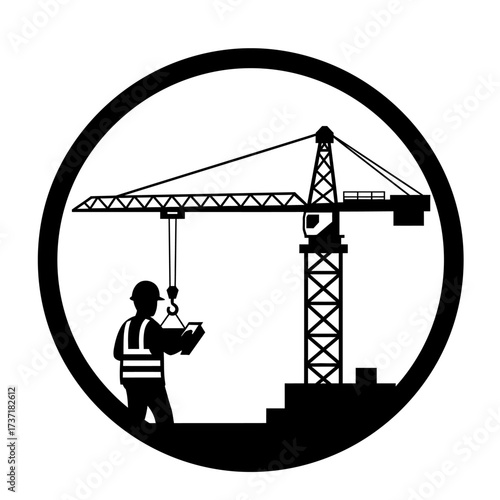 A construction worker oversees a crane operation, ensuring safety and efficiency on a building site, within a circular frame.