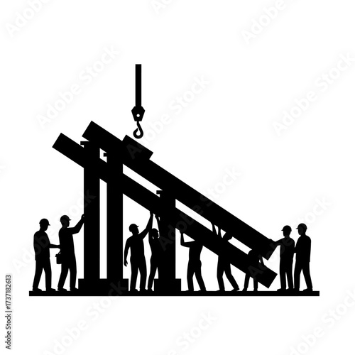 Silhouette of construction workers collaboratively lifting beams, symbolizing teamwork, building, and industrial progress on a white background.
