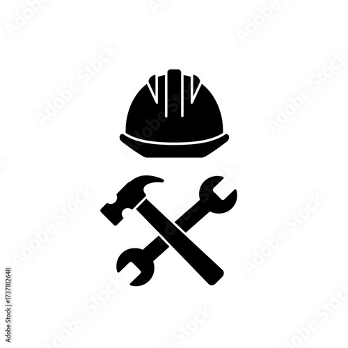 A black and white illustration features a construction helmet above a crossed hammer and wrench, symbolizing building and repair.