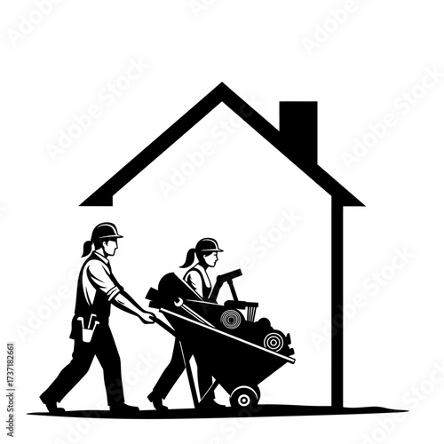 Two construction workers are depicted inside a house silhouette, one pushing a wheelbarrow with tools and equipment for building.
