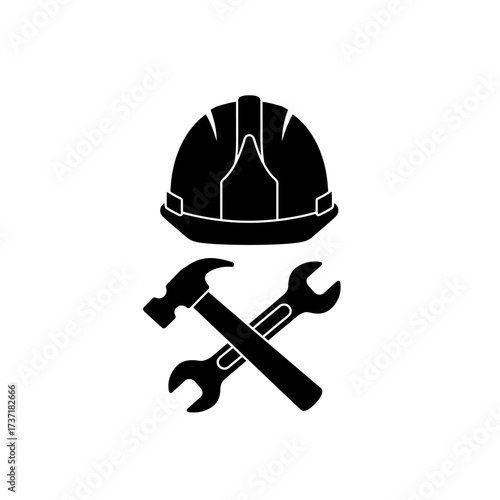 A black silhouette of a construction helmet, hammer, and wrench, representing building, repair, and construction work on a white background.