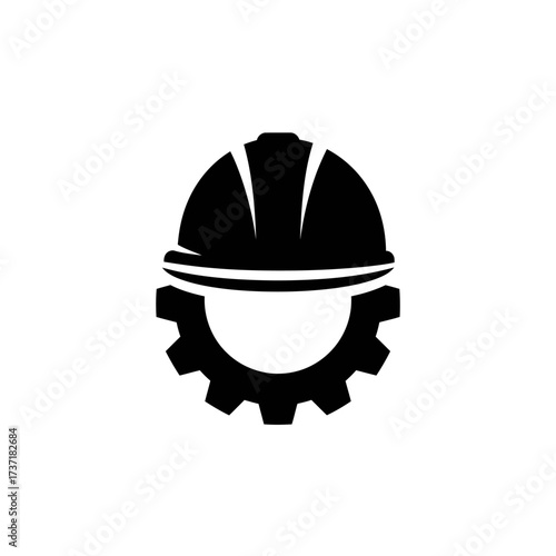 A black and white illustration features a construction helmet above a gear, symbolizing engineering and industrial work.