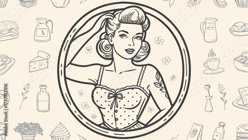 Classic beauty illustration, vintage style pin-up girl with tattoo, elegant hairstyle and a touch of retro charm for creative projects and designs