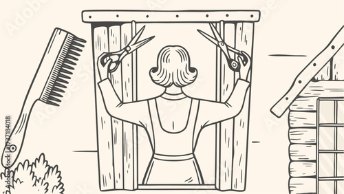 Vintage charm with a barber, scissors poised in a rustic cabin, a whimsical nod to hairstyling's past. An illustration of home haircut nostalgia