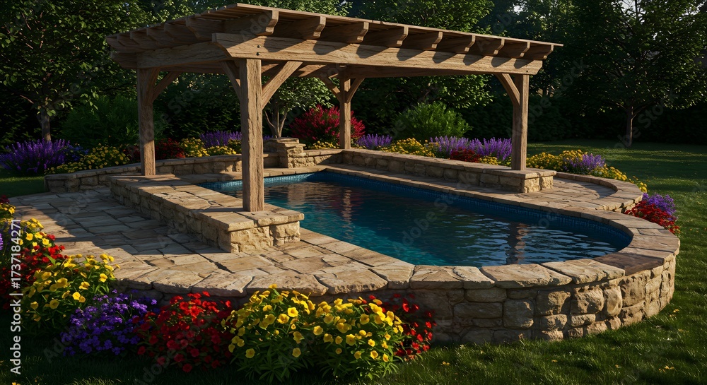 Obraz premium Outdoor pool with wooden pergola surrounded by lush garden and colorful flowers