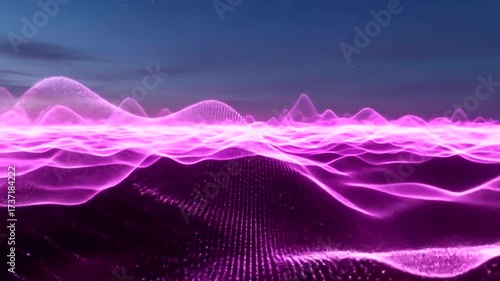 Abstract purple light waves moving in digital space creating a futuristic background landscape