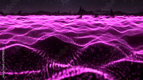 Abstract pink particle waves on a dark cosmic background, seamless loop and futuristic horizon,