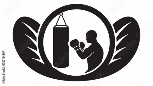 Dynamic boxing training illustration with punch bag and powerful fighter silhouette, ideal for sports brand visuals and fitness promotions, originally vector graphics