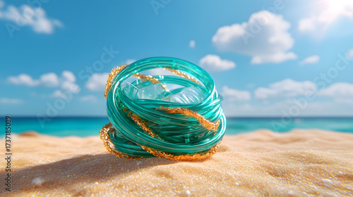 Turquoise plastic filament golden microplastic beach sand ocean horizon blue sky soft cloud sunny light coastal scene environmental pollution marine debris with calm mood