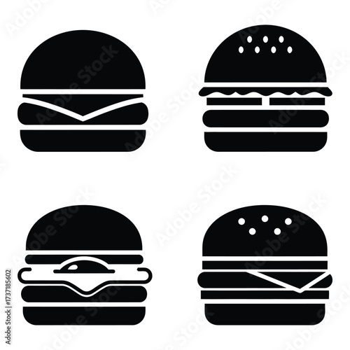 Four stylized black silhouette burger icons featuring different toppings and cheese layers silhouette