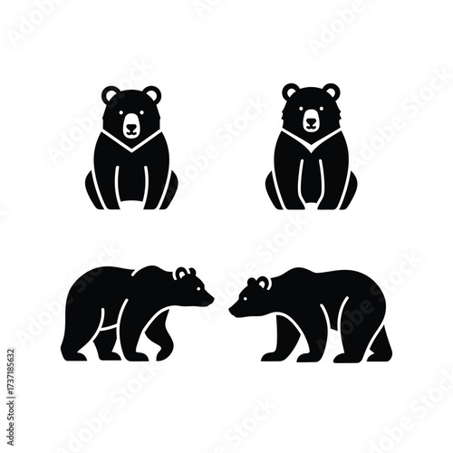 Charming black bear silhouettes four poses cute animals wildlife graphic design elements silhouette