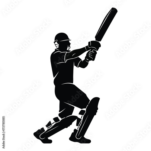 Dynamic silhouette of a cricketer batting in action ready to strike the ball silhouette