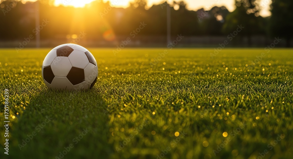 Obraz premium Golden Hour Soccer Awaiting the Game on Dewy Grass Field Calm Light
