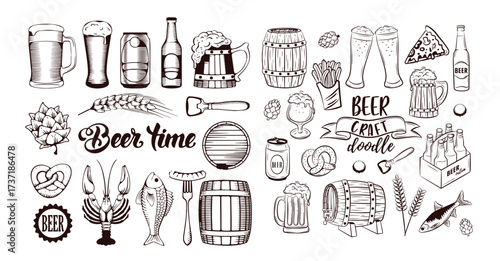 Vintage Hand-Drawn Beer Collection – Mugs, Bottles, Hops & Oktoberfest Elements