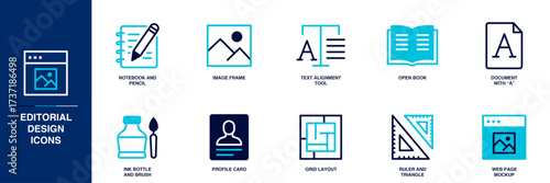 Editorial Design Blue Colored Outline Icon Set