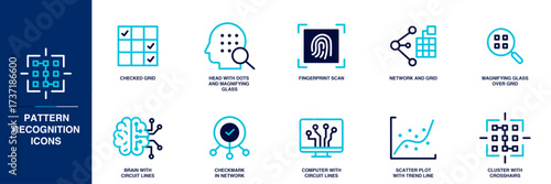 Pattern Recognition Blue Colored Outline Icon Set