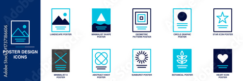 Poster Design Blue Colored Outline Icon Set