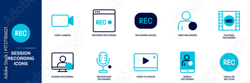 Session Recording Blue Colored Outline Icon Set