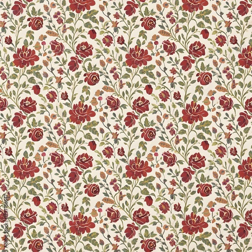 Vintage floral seamless pattern with red and pink flowers and leaves for fabric and wallpaper design