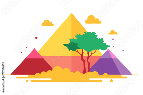 Stylized egyptian pyramids and acacia tree in a flat design landscape