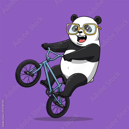 Excited panda pops a wheelie on blue BMX bike, wearing yellow glasses, on purple background.