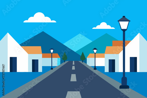Flat design illustration of a suburban street with houses trees and mountains