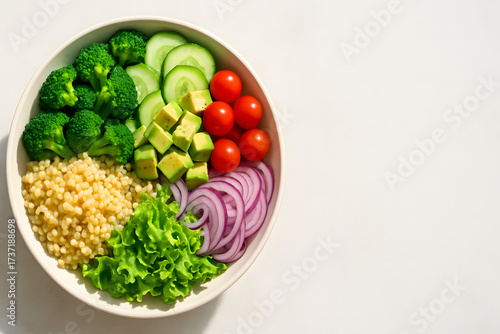 Healthy Balanced Meal With Broccolis Avocado Tomato Red Onion