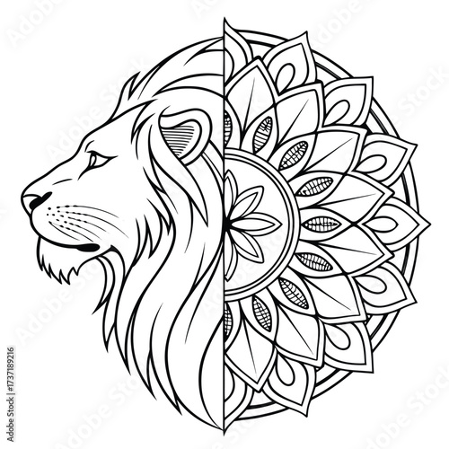 Half Lion Face with Mandala – Ornamental Line Art Illustration