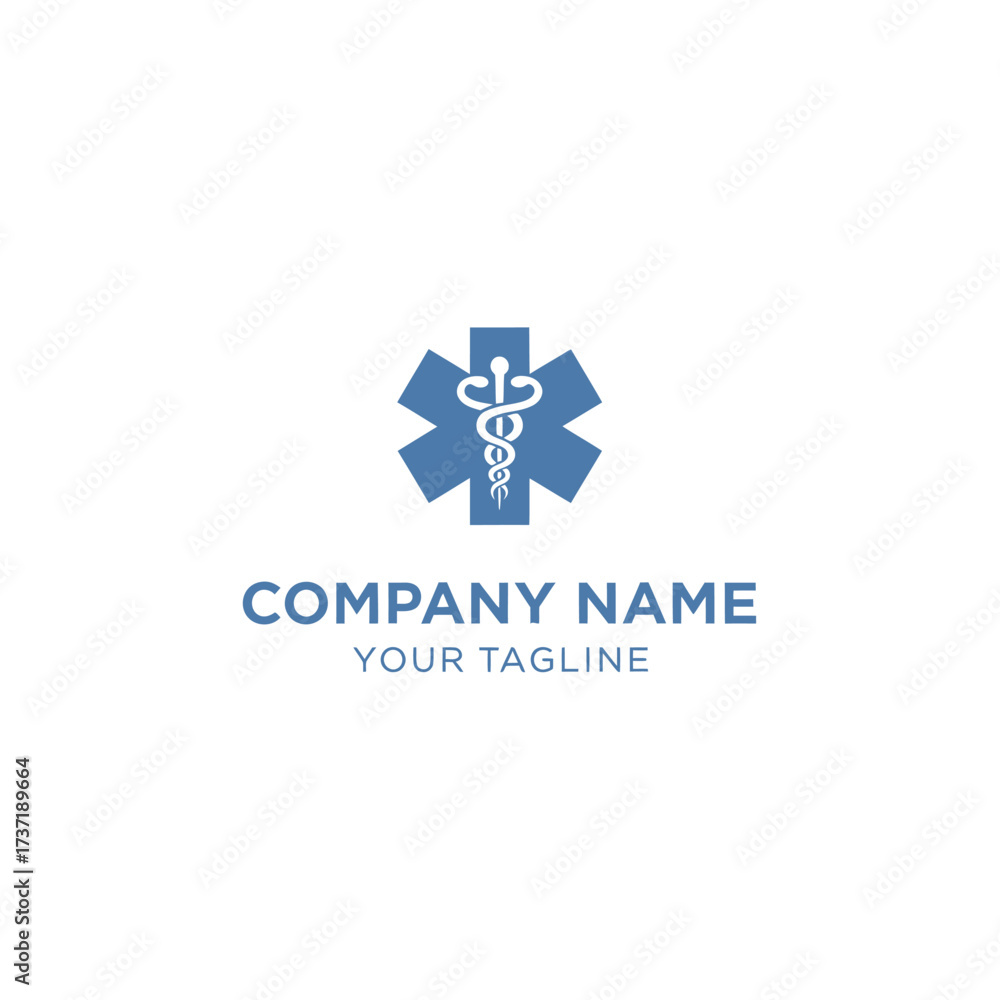 Obraz premium A blue medical star of life emblem with a caduceus symbol, representing healthcare and emergency services, accompanied by placeholder text for company name and tagline.