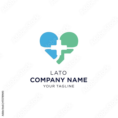 A modern logo design featuring a stylized heart in blue and green, with a white medical cross at its center.