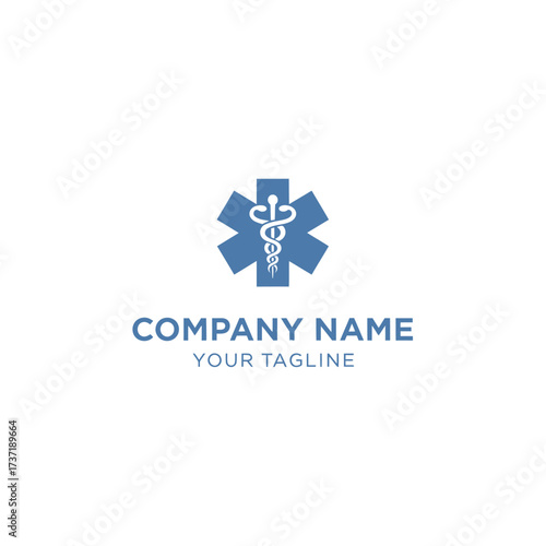 A blue medical star of life emblem with a caduceus symbol, representing healthcare and emergency services, accompanied by placeholder text for company name and tagline.