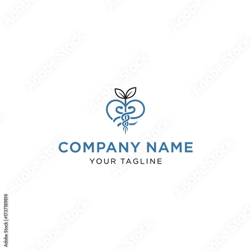 A stylized medical logo featuring a heart shape with sprouting leaves, intertwined with a caduceus symbol in blue lines.