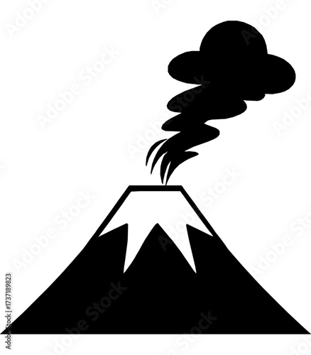 Black and white volcano illustration with triangular peak, jagged crater, and plume of smoke,  eruption and natural power.