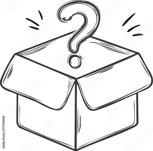 Unboxing a Mystery A Hand-Drawn Illustration of an Open Cardboard Box with a Question Mark Above It, Evoking Curiosity and Surprise