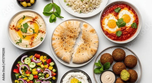 Wallpaper Mural Culinary Feast, Mediterranean Cuisine, Home Setting, Food Photography, Stylish Presentation, Overhead View, Flavorful Delights Torontodigital.ca