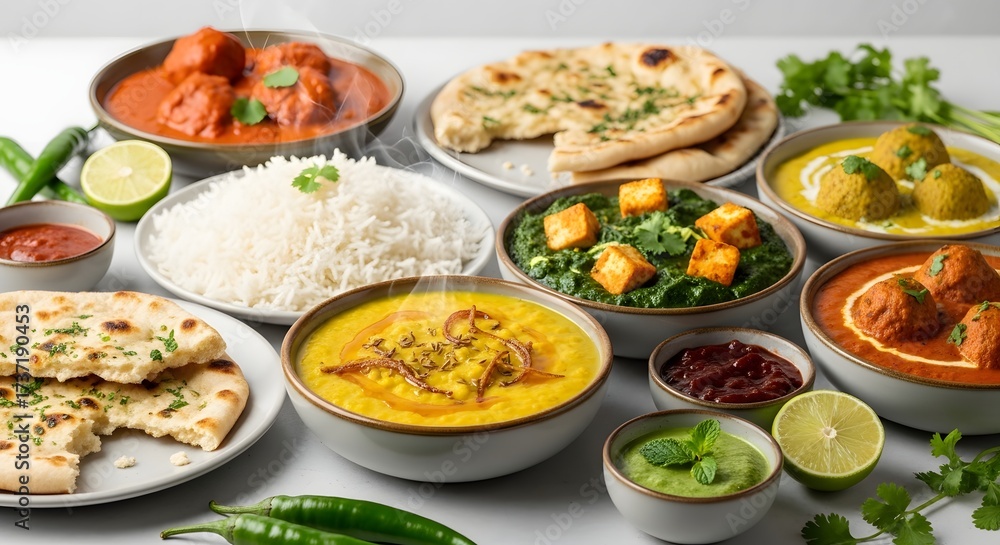 Fototapeta premium Delicious Indian Cuisine Spread Featuring Curry, Naan, Rice, and Vegetables on a Bright Tabletop Setting