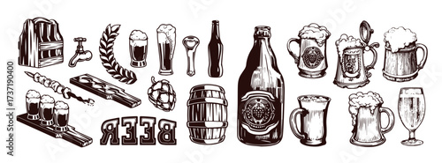 Vintage Hand-Drawn Beer Collection – Mugs, Bottles, Hops & Oktoberfest Elements