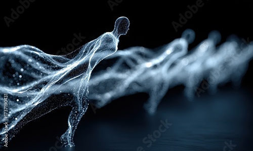Abstract digital figures moving in a line