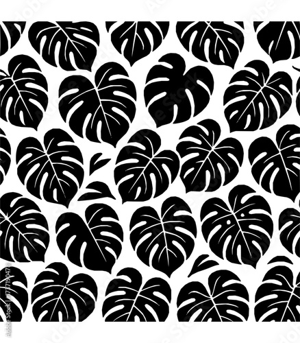Seamless vector pattern of black Monstera leaf silhouettes with smaller leaves on white background, tropical and decorative style.