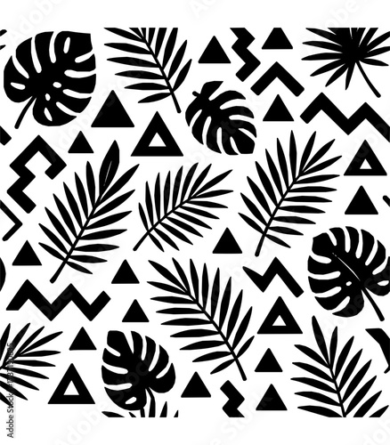 Repeating pattern with Monstera leaves, palm fronds, and black geometric shapes like triangles and chevrons in bold design.